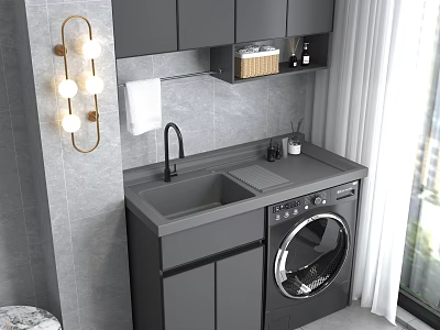Modern Gray Bathroom Cabinet With Sink Faucet Washing Machine Wall Cabinets And Lighted Mirror 3d model