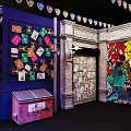 Vibrant Urban Alleyway With Colorful Graffiti Wall Green Awning And Retro Signboard
