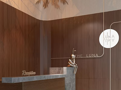 Modern Hotel Lobby Interior With Wooden Walls Reception Desk Sculpture And Luna Sign 3d model