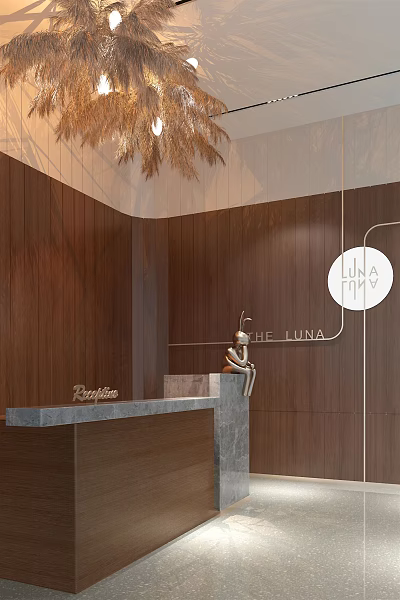 Modern Hotel Lobby Interior With Wooden Walls Reception Desk Sculpture And Luna Sign 3d model