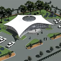 Modern Architectural Building With Glass Facade Circular Roof Steps Pedestrians And Lawn Area
