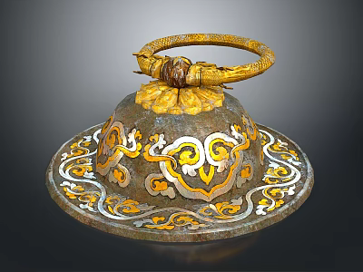Ancient Decorative Artifact with Golden Circular Handle and Intricate Base Patterns 3d model