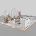 Modern Exhibition Booth Design With White Gold Accents Reception Counter And Decorative Plants