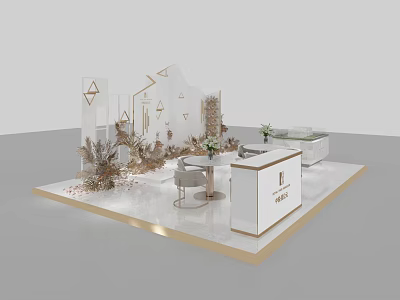 Modern Exhibition Booth Design With White Gold Accents Reception Counter And Decorative Plants 3d model