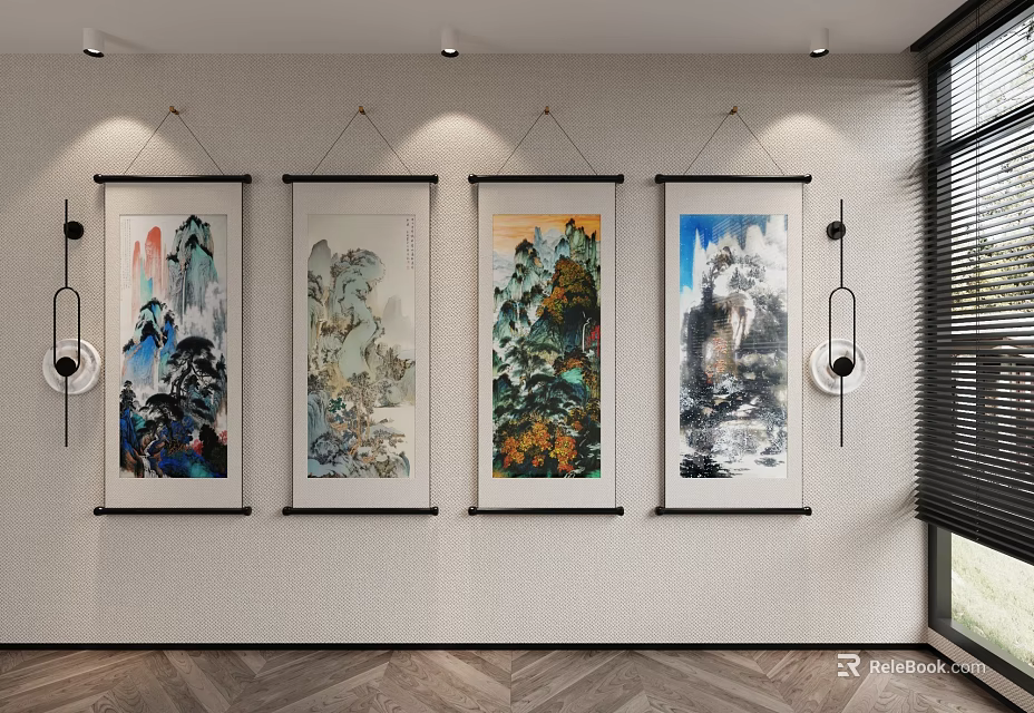 Four Chinese landscape paintings hanging on light colored wall with lighting and decorative pendants 3d model