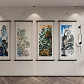 Four Chinese landscape paintings hanging on light colored wall with lighting and decorative pendants 3d model