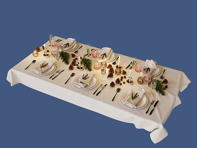 Ceramic Tableware Elegant Dining Table Setup With White Tablecloth Candles Greenery And Cutlery 3d model