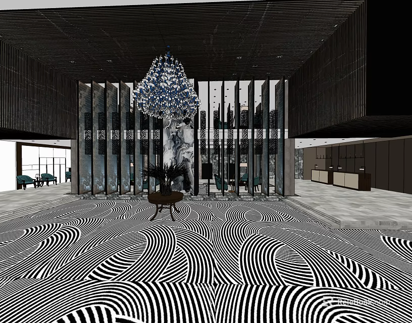 Modern Shop Front Desk Interior With Glass Partitions Chandelier And Black White Floor 3d model 