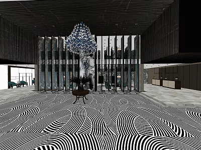 Modern Shop Front Desk Interior With Glass Partitions Chandelier And Black White Floor 3d model