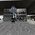 Modern Shop Front Desk Interior With Glass Partitions Chandelier And Black White Floor