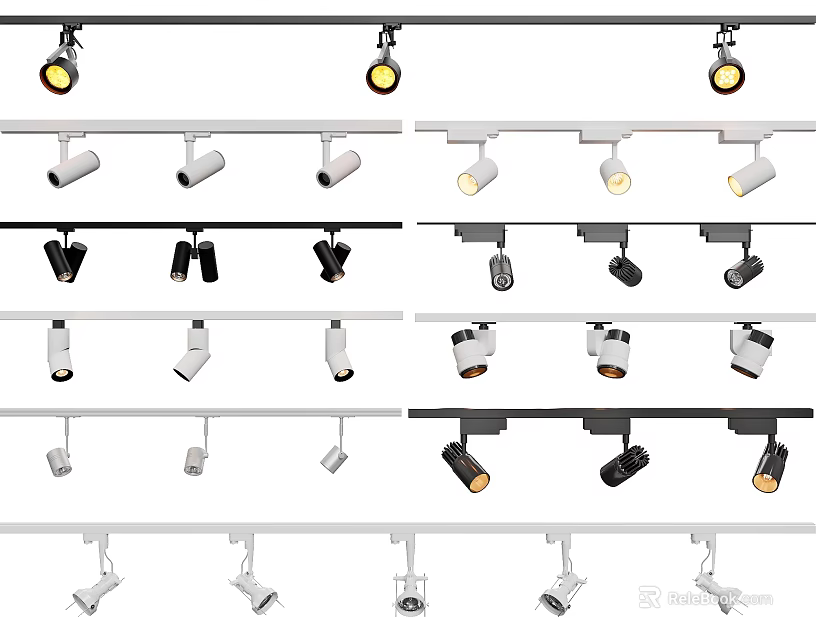 Modern Track Mounted Downlights And Spotlights With Various Designs And Colors 3d model 