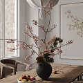 Bonsai Plant With Pink Cherry Blossom Branches Pine Needles In Gray Pot On Wooden Table