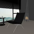 Black Leather Leisure Chair With Metal Frame Scenic Window View Side Table And Carpeted Floor