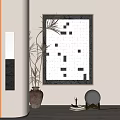 Abstract Painting With Black Squares On White Background In Room With Potted Plant Moon Lamp