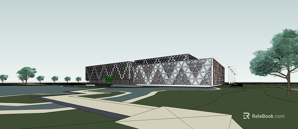 Modern Library Building With Geometric Diamond Grid Exterior And Lawn Pathways 3d model