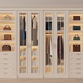 Elegant White Wardrobe With Glass Doors Hanging Clothes Drawers And Bags On Shelves