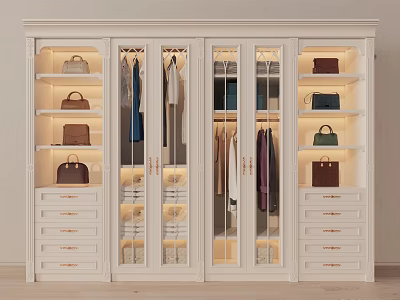Elegant White Wardrobe With Glass Doors Hanging Clothes Drawers And Bags On Shelves 3d model