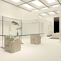 Modern White Interior Clothing Store With Glass Front Square Ceiling Lights And Clothing Displays