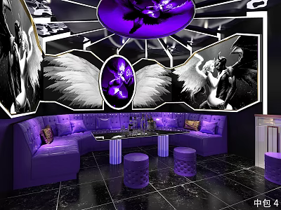 KTV Mid Sized Private Room Interior Design With Purple Lighting Sofa And Decorative Murals 3d model