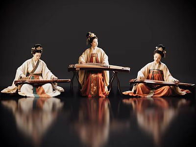Game and Movie Female Characters in Traditional Costumes Playing Guzheng with Dark Background and Reflections 3d model