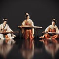 Game and Movie Female Characters in Traditional Costumes Playing Guzheng with Dark Background and Reflections