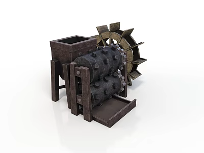 Vintage Industrial Metal Equipment With Square Box Bladed Wheel And Cylindrical Rollers 3d model