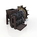 Vintage Industrial Metal Equipment With Square Box Bladed Wheel And Cylindrical Rollers