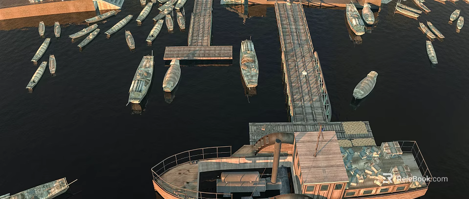 Scenic Harbor View With Moored Boats Wooden Piers And Calm Water Surface 3d model 