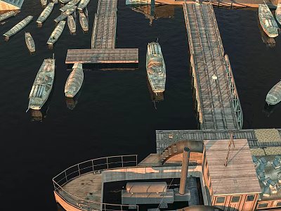 Scenic Harbor View With Moored Boats Wooden Piers And Calm Water Surface 3d model