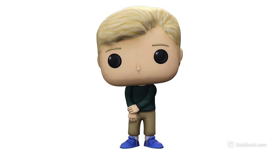 Funko Pop Blonde-Haired Doll with Large Black Eyes Dark Green Top Khaki Pants Blue Shoes 3d model 