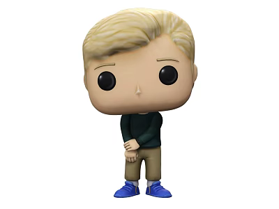 Funko Pop Blonde-Haired Doll with Large Black Eyes Dark Green Top Khaki Pants Blue Shoes 3d model