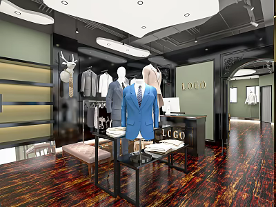 Stylish Clothing Store Interior With Mannequins Suits Display Racks And Elegant Decor 3d model