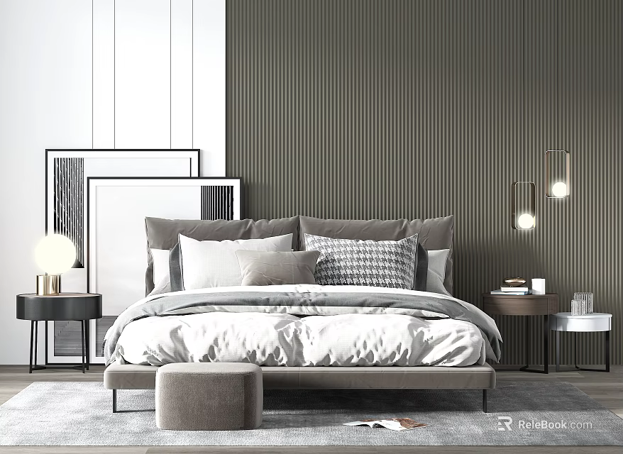 Modern Double Bed Bedroom Interior With Textured Wall Pendant Lights And Nightstands 3d model 
