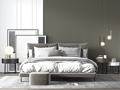 Modern Double Bed Bedroom Interior With Textured Wall Pendant Lights And Nightstands 3d model