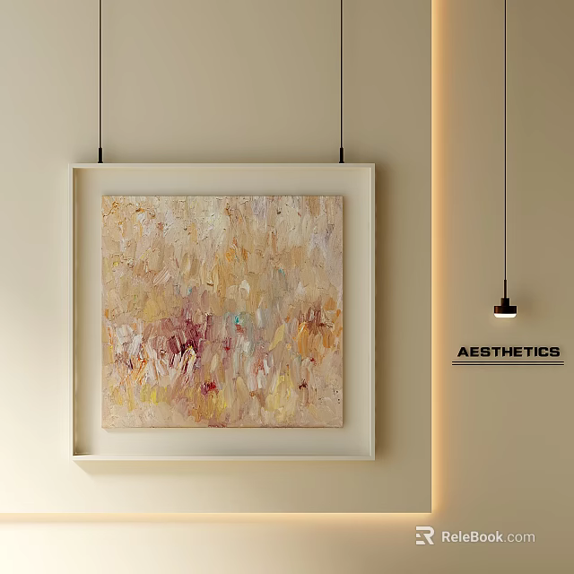 Abstract Oil Painting with Beige Gold Red Tones in White Frame Hanging on Minimalist Wall 3d model 