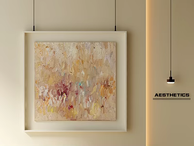 Abstract Oil Painting with Beige Gold Red Tones in White Frame Hanging on Minimalist Wall 3d model