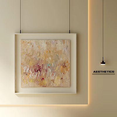 Abstract Oil Painting with Beige Gold Red Tones in White Frame Hanging on Minimalist Wall 3d model