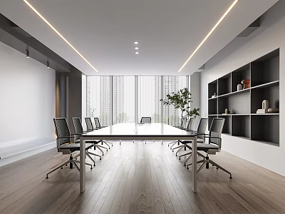 Modern Conference Room Interior With Long Table Chairs Large Windows Blinds Bookshelves And Wooden Floor 3d model