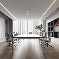 Modern Conference Room Interior With Long Table Chairs Large Windows Blinds Bookshelves And Wooden Floor