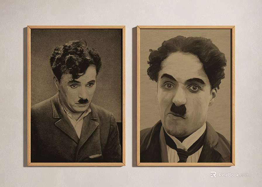 Vintage Charlie Chaplin Portrait Paintings Framed Black And White Artwork For Wall Decor 3d model 