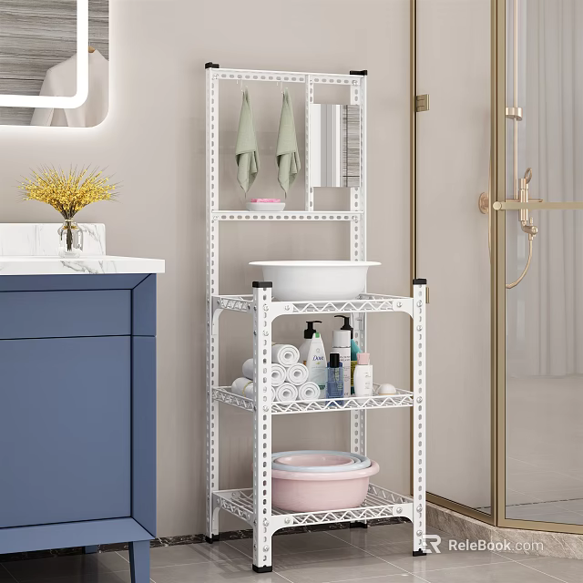 Practical White Multi Tiered Bathroom Cabinet Rack with Towel Hooks and Toiletries Storage 3d model 