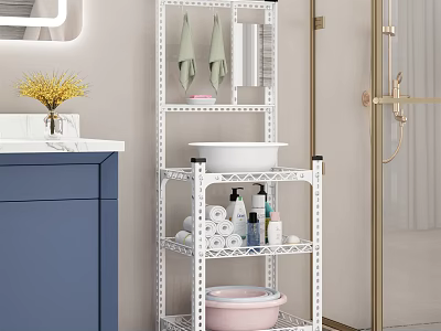 Practical White Multi Tiered Bathroom Cabinet Rack with Towel Hooks and Toiletries Storage 3d model