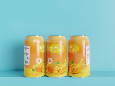 Yellow Canned Mango Juice With Mango Patterns On Light Blue Background 3d model