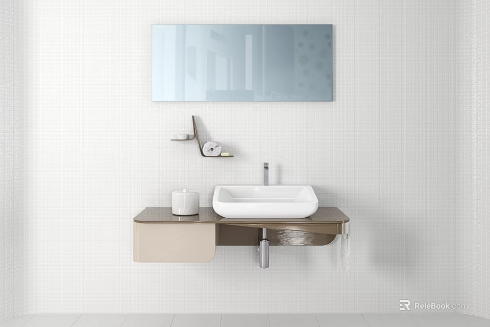 Modern Bathroom Washbasin with Wall Mounted Mirror Soap Holder and Wooden Countertop on White Tiled Wall 3d model 