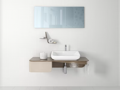 Modern Bathroom Washbasin with Wall Mounted Mirror Soap Holder and Wooden Countertop on White Tiled Wall 3d model