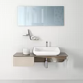 Modern Bathroom Washbasin with Wall Mounted Mirror Soap Holder and Wooden Countertop on White Tiled Wall