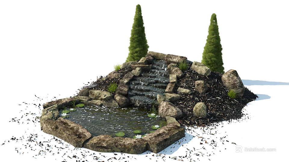 Garden Water Feature With Stone Step Waterfall Small Pond And Conical Trees 3d model 