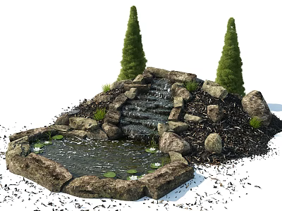 Garden Water Feature With Stone Step Waterfall Small Pond And Conical Trees 3d model