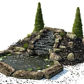 Garden Water Feature With Stone Step Waterfall Small Pond And Conical Trees 3d model