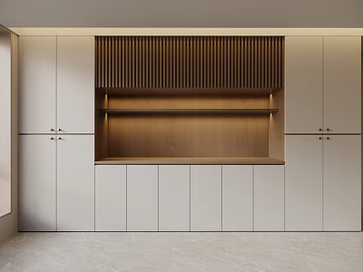 Modern Home Interior With White Sideboard Wooden Open Shelf And Slatted Panel 3d model